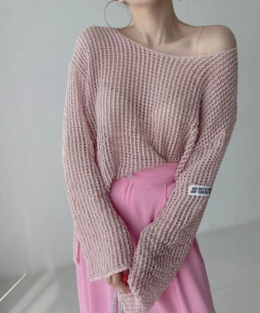 Hollow Out Pullovers Women Baggy O-neck Clothing Spring Casual Simple Elegant Vintage See-through Streetwear Lady Ulzzang Tender