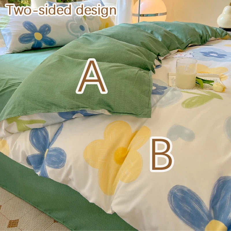 Kawaii Bear Printed Bed Set Floral Duvet Cover Pillowcase Bedding Set Cute Dog Bed Linen Sheet Quilt Cover Full Queen King Size
