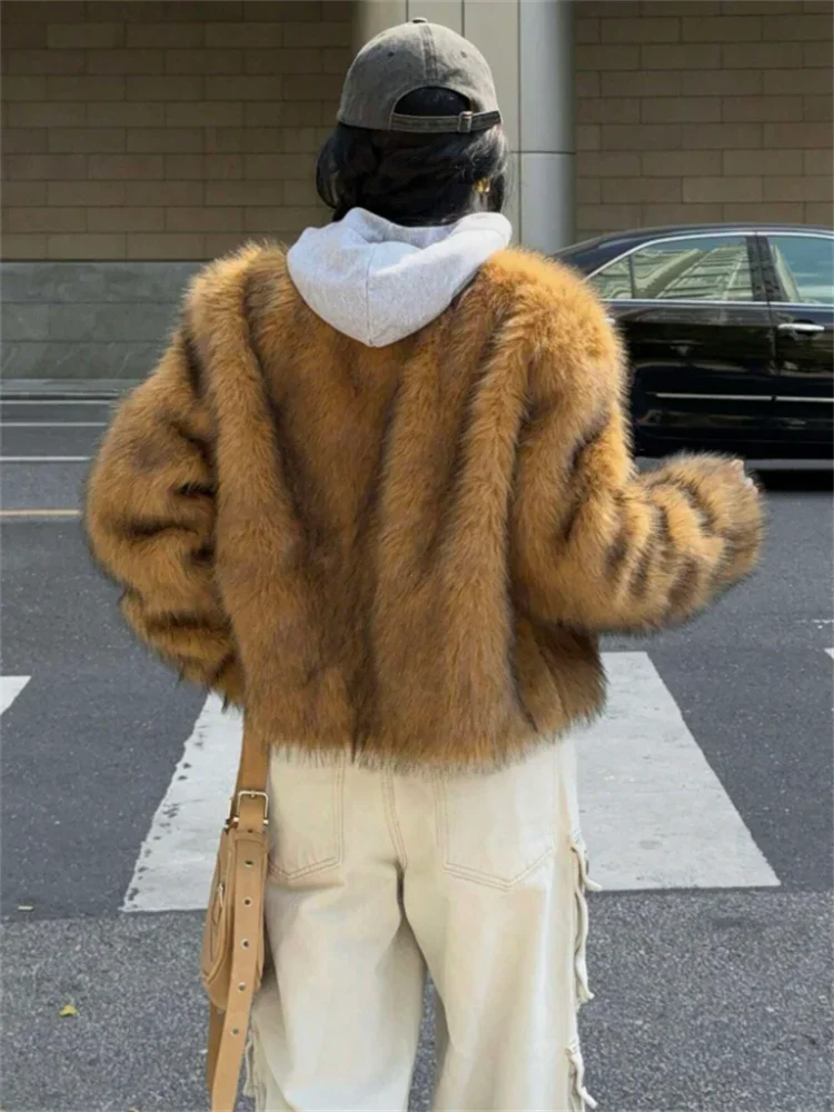 Fashion Faux Fur Coat For Women Warm Round Neck Long Sleeve Furry Short Coats 2025 Autumn Winter New Lady Streetwear Cardigans
