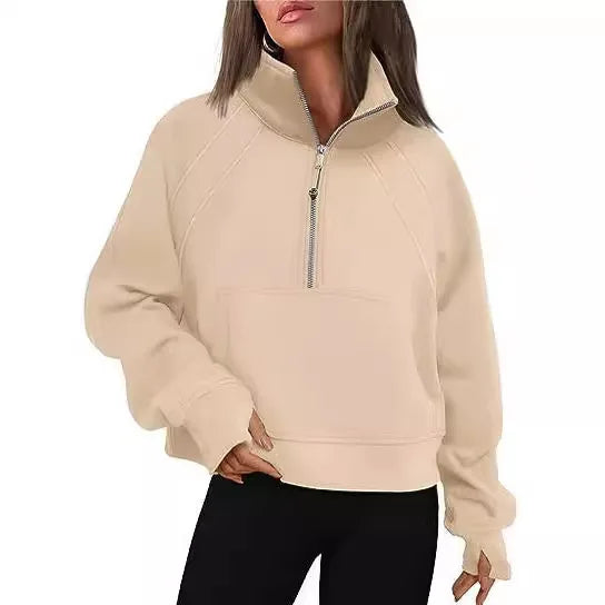 Women Sweatshirt  Stand Collar Spring Autumn Solid Color Hoodie Long Sleeve Pocket Loose Half Zip Sporty Pullover Streetwear Top