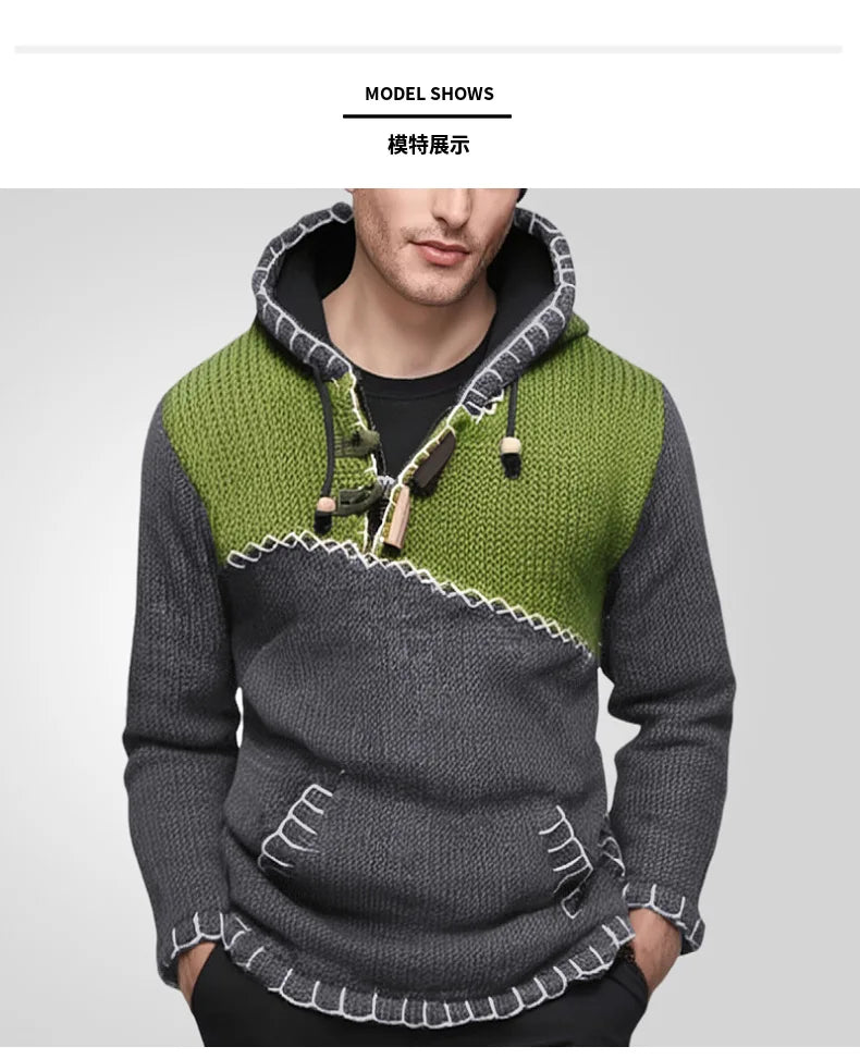 Pullovers Men Sweatshirts Sweaters Pockets Casual Loose Splice Hooded Knitted Drawstring Regular Thick Tops Autumn Winter