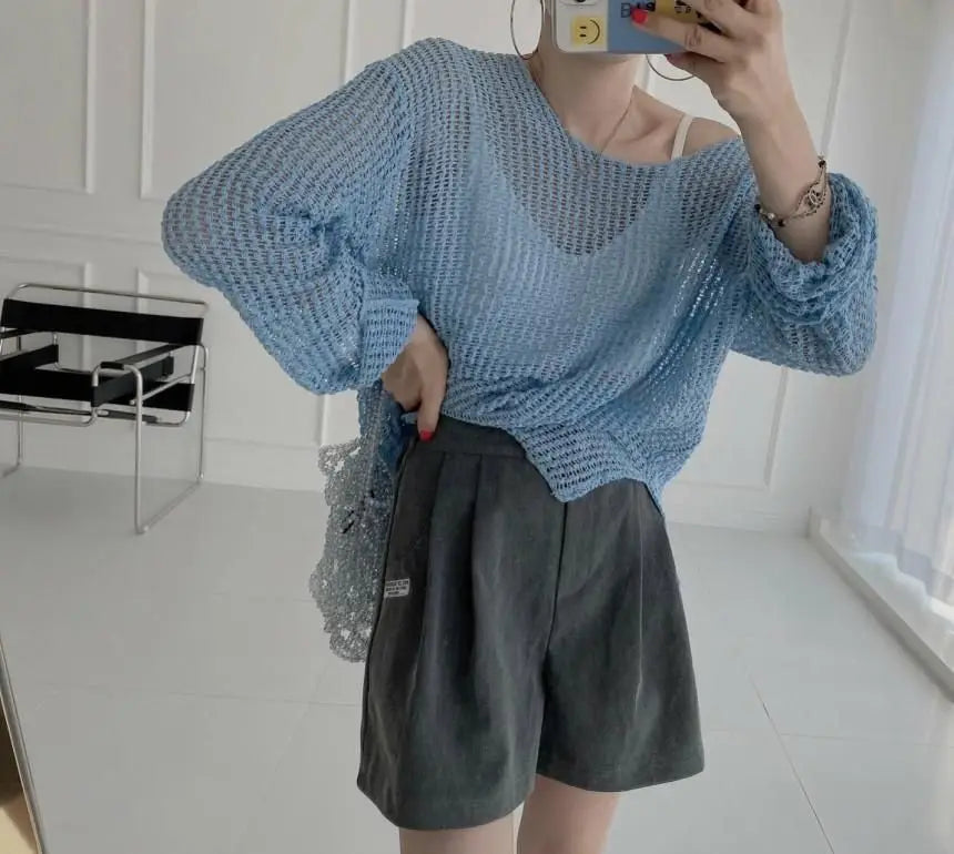 Hollow Out Pullovers Women Baggy O-neck Clothing Spring Casual Simple Elegant Vintage See-through Streetwear Lady Ulzzang Tender