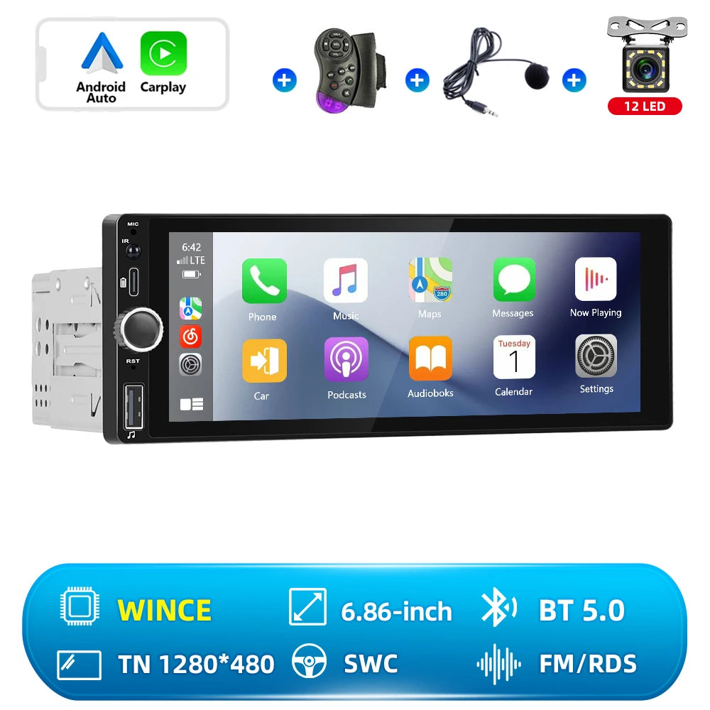Hikity 2+64G Carplay Android 1din Car Radio Android Auto Stereo 6.86" GPS Navigation Player support FM WiFi USB Rear Camera