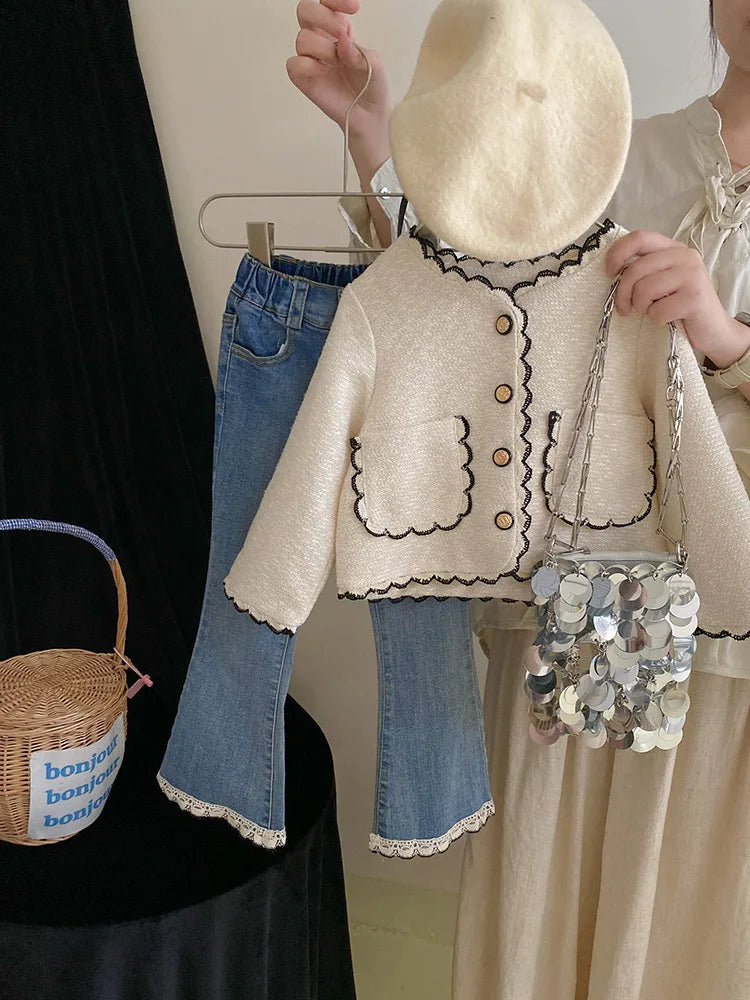 Coats Korean Childrens Clothing Autumn Season New Girls Open Stitch Lace Flower Edge Soild Sweet Versatile Style
