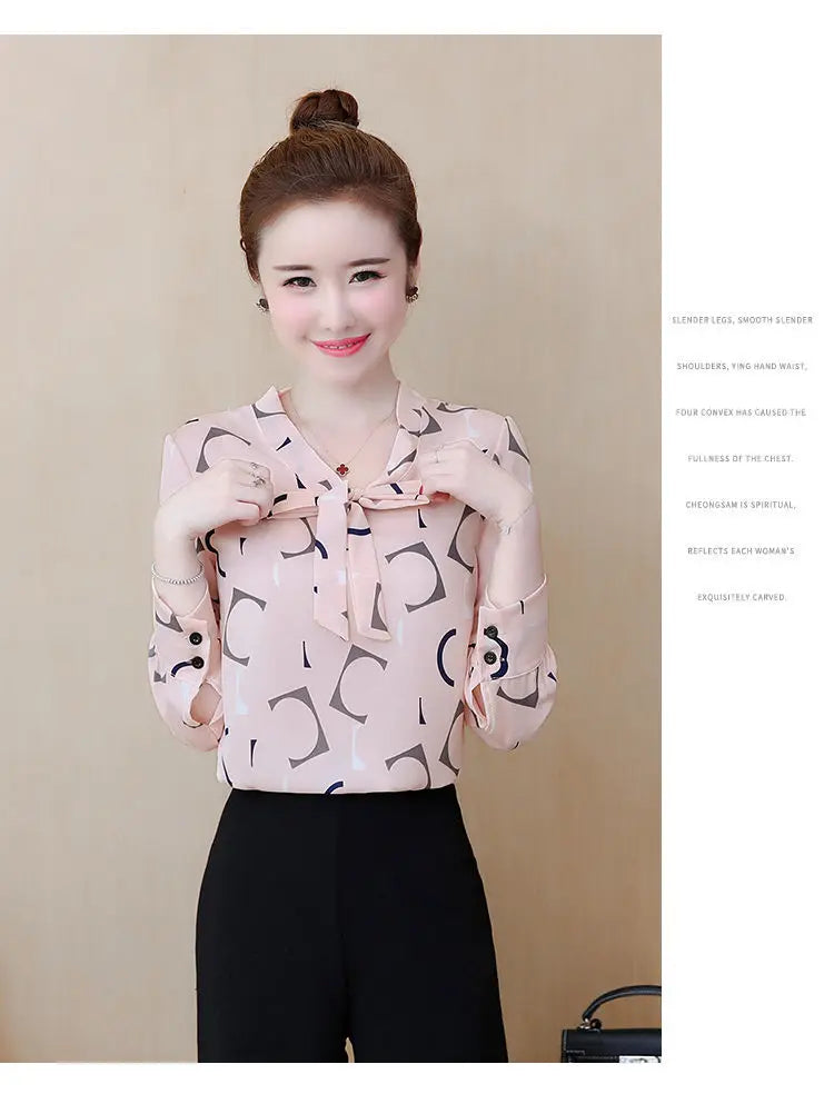 Fashion Female Elegant Bow Tie  pink Blouses Chiffon Collar Casual Shirt Office Ladies Blouse Summer Blouses for Women