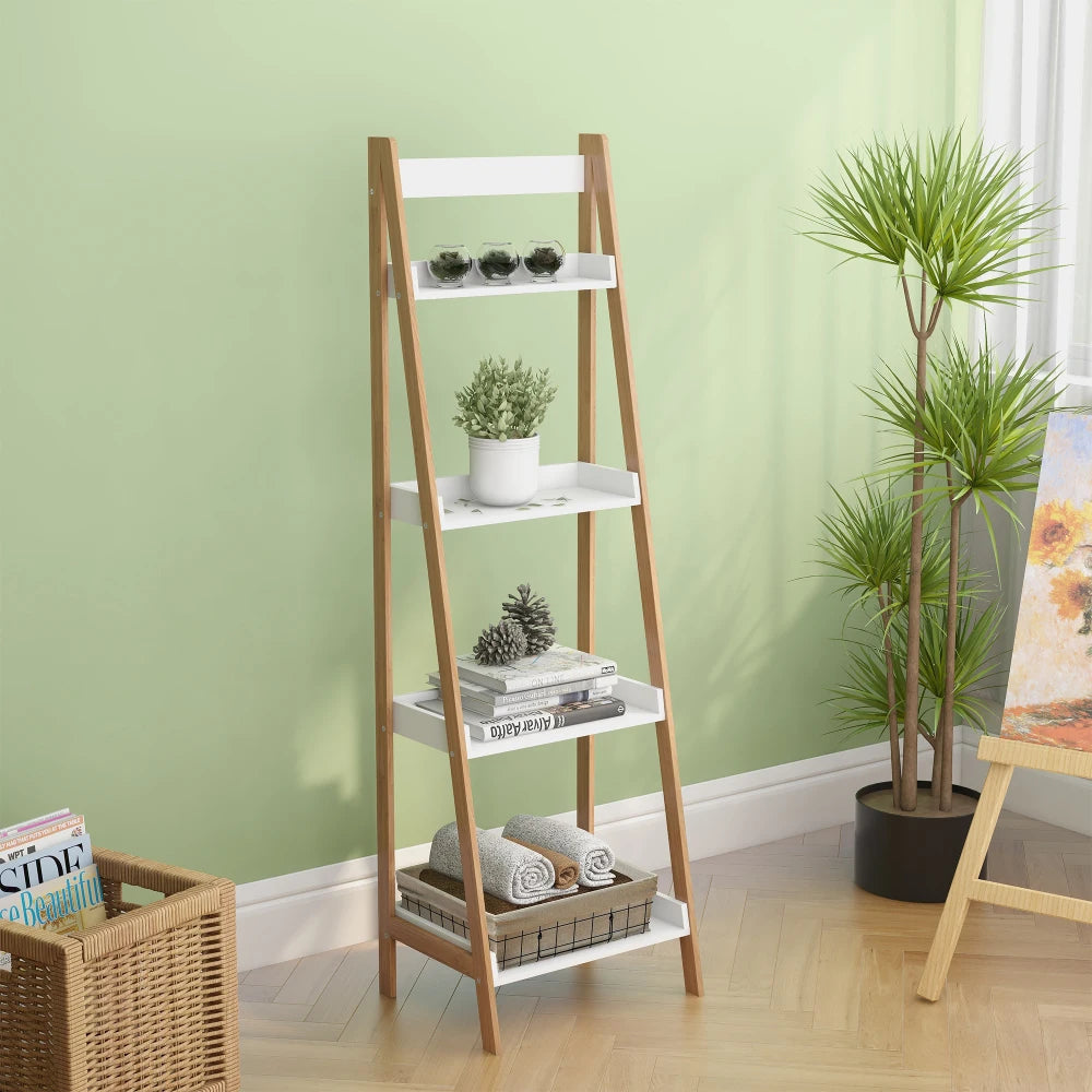 Solid Bamboo Wood Oxford “A”frame Ladder Display Bookshelf Warehouse Supermarket Kitchen Shelves Living Walnut 4 Tier Bookshelf
