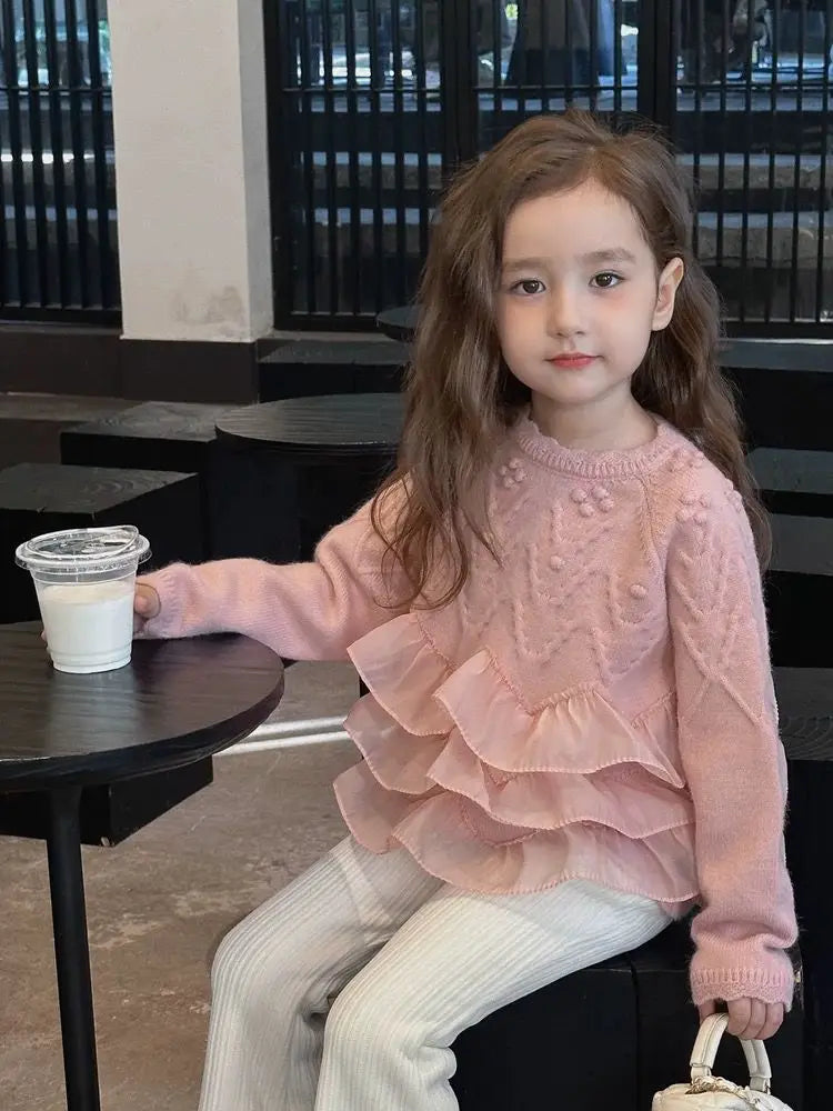 Sweaters Girls Sweater with Trendy Spring Autumn Korean Style Beautiful Lace White Top for Little Girls Princess Style 2025