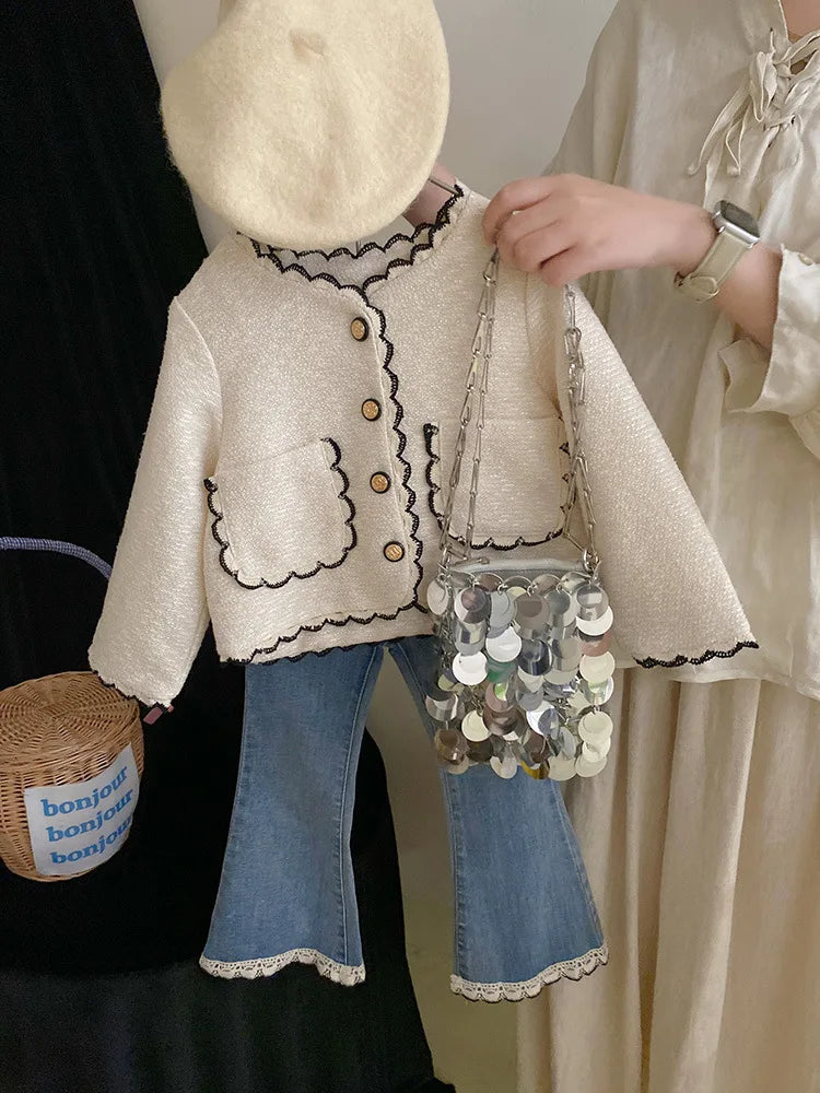 Coats Korean Childrens Clothing Autumn Season New Girls Open Stitch Lace Flower Edge Soild Sweet Versatile Style