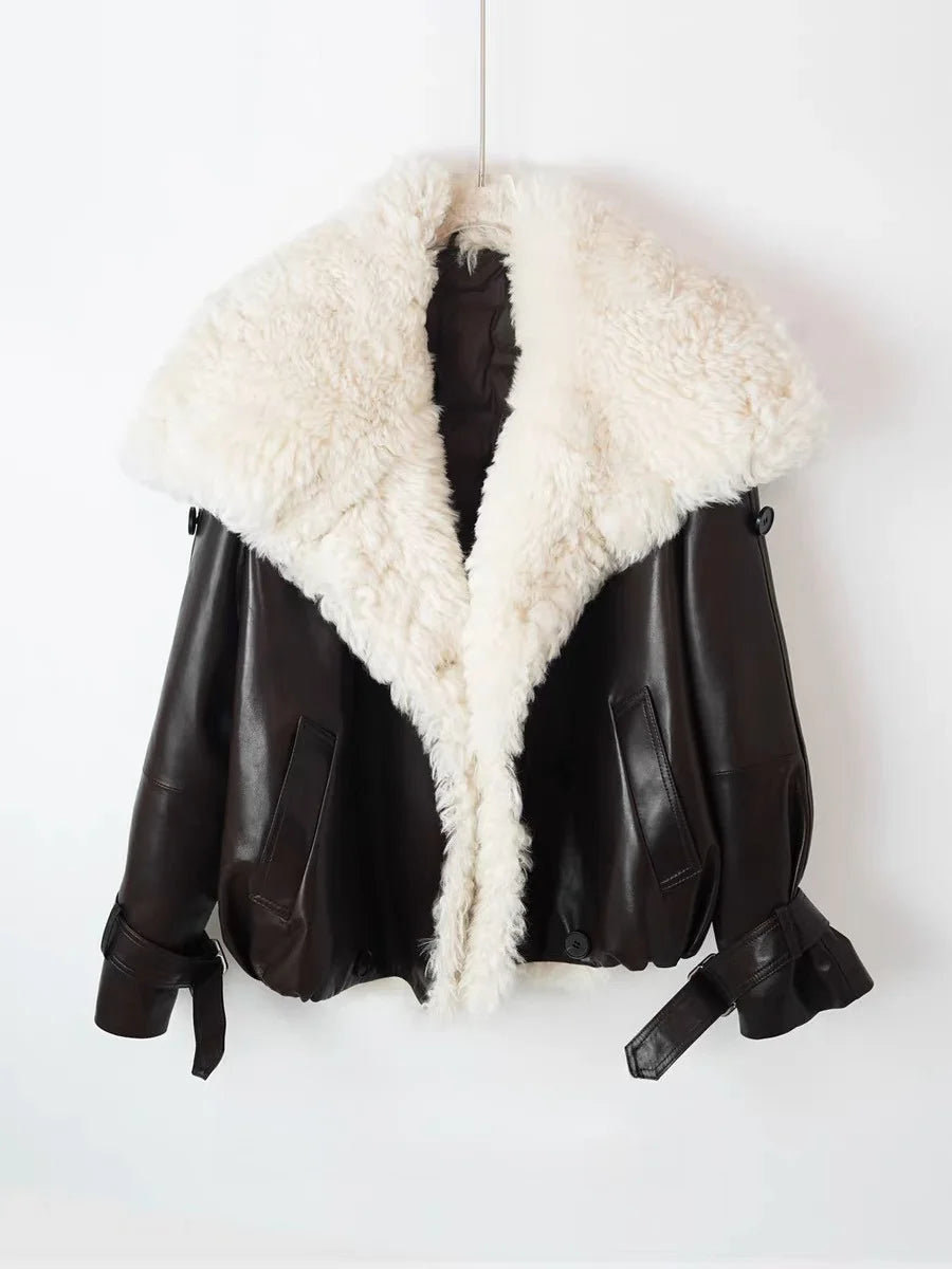 Winter in Coats & Jackets for Women 2025 Genuine Leather Jacket Female Large Wool Lapel Stylish Motorcycle Warm Short Coat With