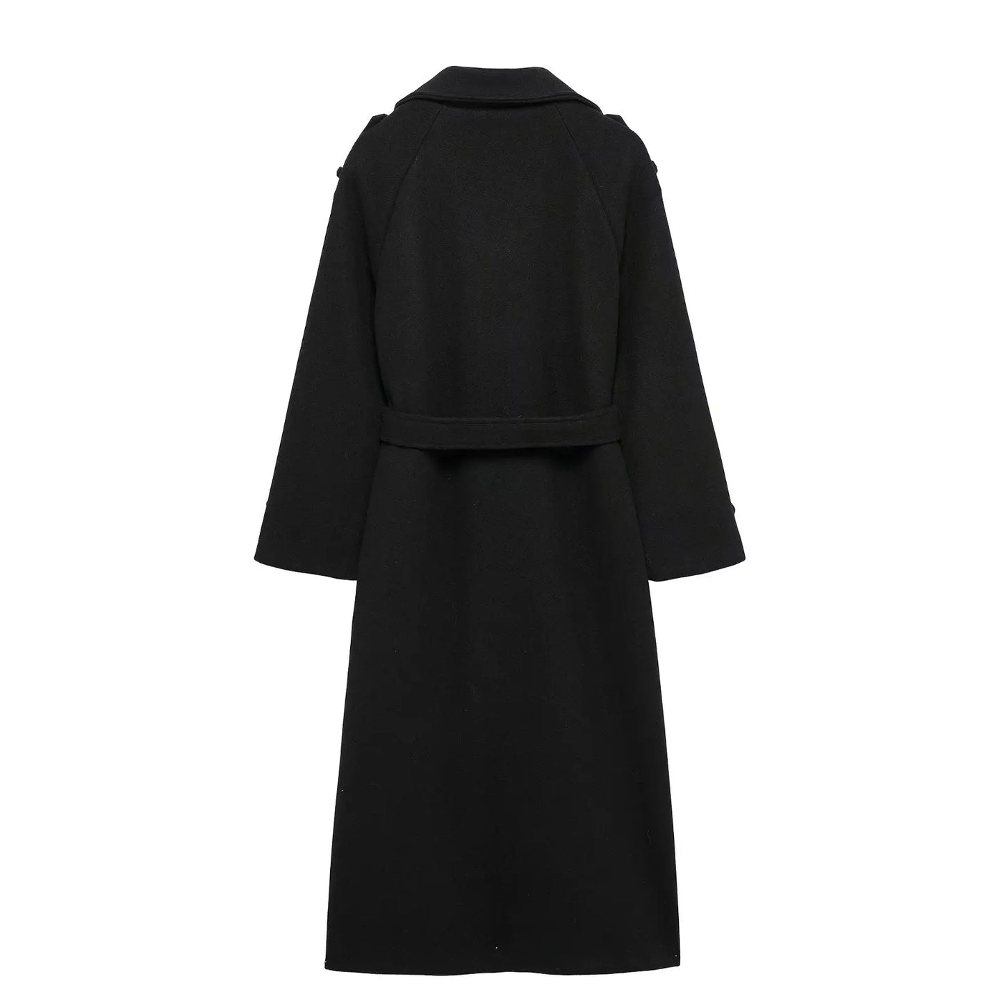 HH Winter Elegant Women Turn-Down Collar Long Coat Solid Long Sleeves Pocket Belt Double-Breasted Female Slim Windbreaker Coats