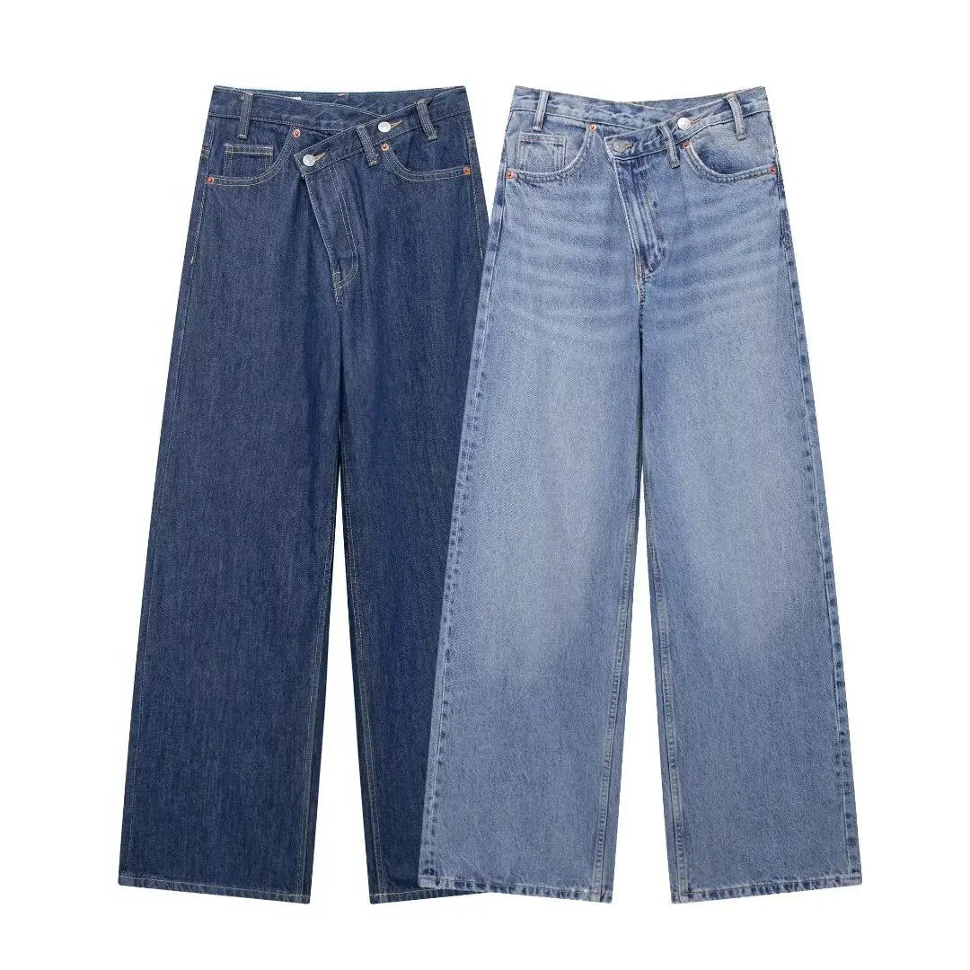 Jeans For Woman New Fashion Asymmetric Design High Waist Wide Leg Trousers Casual Women's Straight Leg Jeans