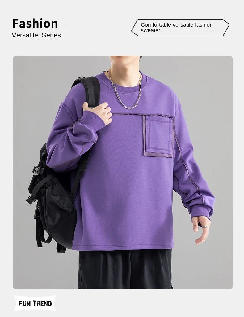 Sweatshirt Male Street Wear  Clothes American Casual Decorative Stitch Round Neck Long Sleeve Unisex Couple Autumn Fashion Top