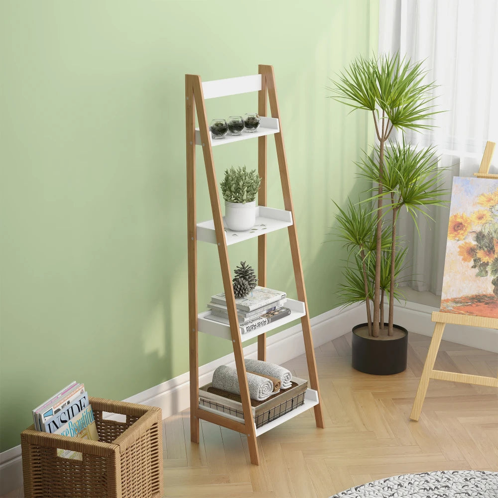 Solid Bamboo Wood Oxford “A”frame Ladder Display Bookshelf Warehouse Supermarket Kitchen Shelves Living Walnut 4 Tier Bookshelf