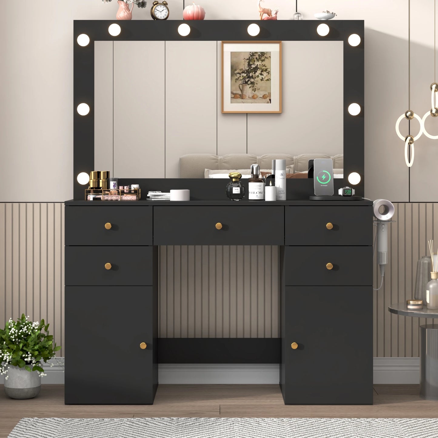 Large Vanity Desk with Lighted Mirror, Glass Top Makeup Vanity Table Set with 5 Drawers & 2 Cabinets & Stool, Power Outlet