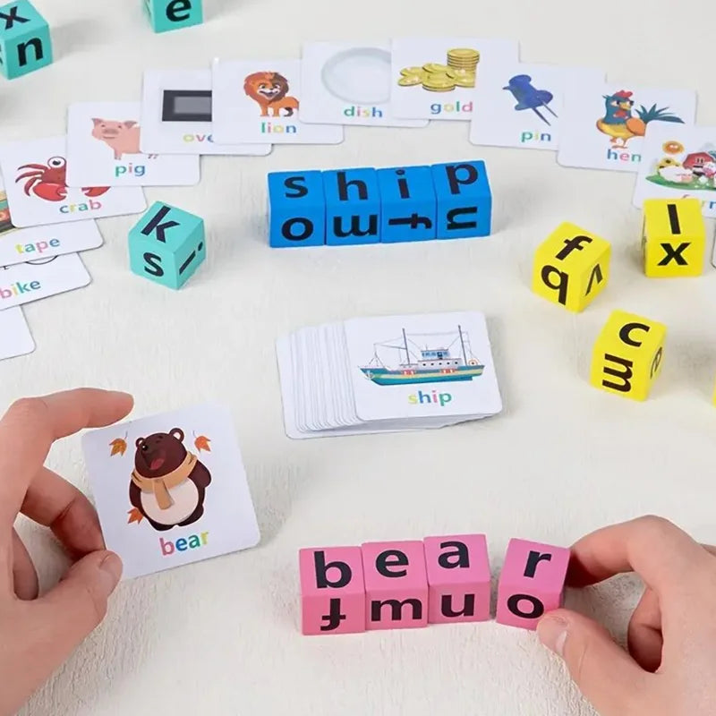 Word Spelling Game Wooden Reading Building Blocks With 40 Cards Letters Puzzle For Kids Montessori Alphabet Learning Toy