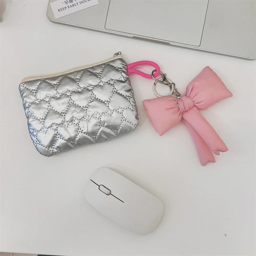 Silver Lingge Bow Pattern  Coin Purses Small Canvas Coin Wallet Lady Girls Earphone Coin Key Money Storage Bag Zipper Pouch