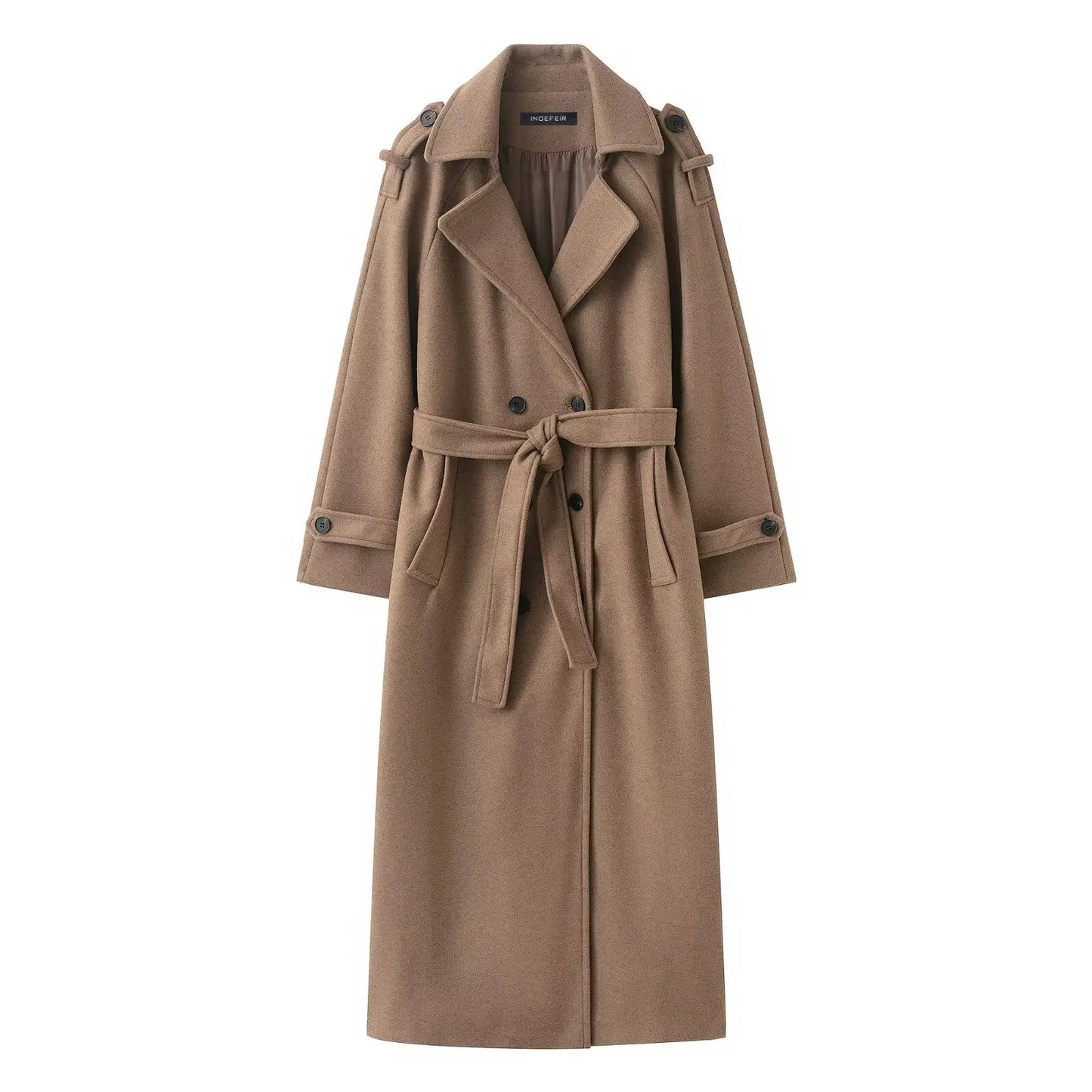 HH Winter Elegant Women Turn-Down Collar Long Coat Solid Long Sleeves Pocket Belt Double-Breasted Female Slim Windbreaker Coats