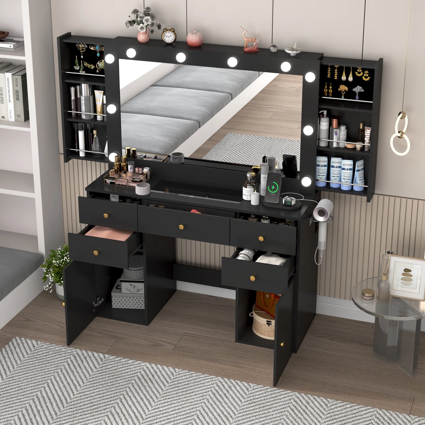Large Vanity Desk with Lighted Mirror, Glass Top Makeup Vanity Table Set with 5 Drawers & 2 Cabinets & Stool, Power Outlet