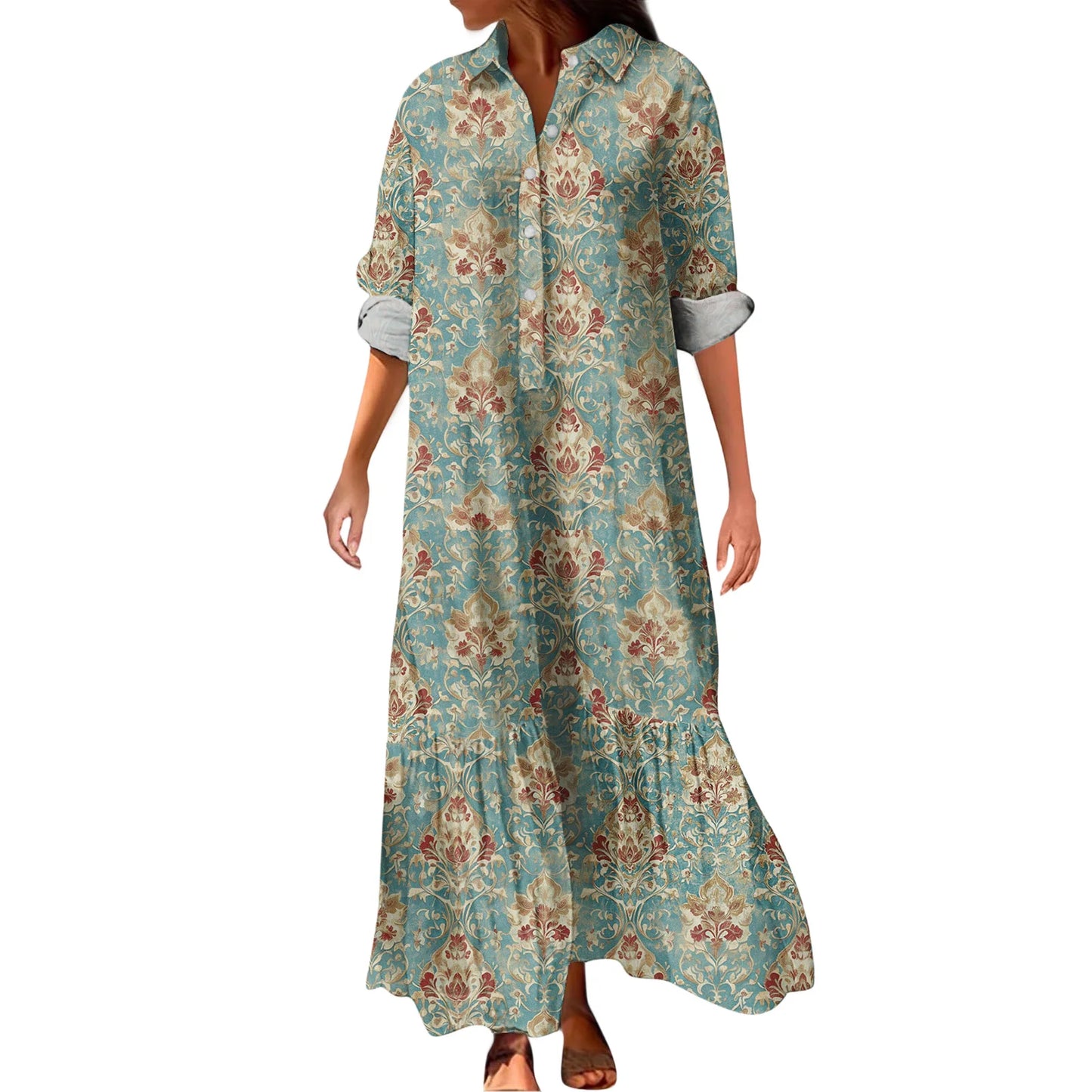 Ladies' Fashionable Temperament Autumn And Winter Button Lapel Long Sleeved Retro Printed Spring And Autumn Dress