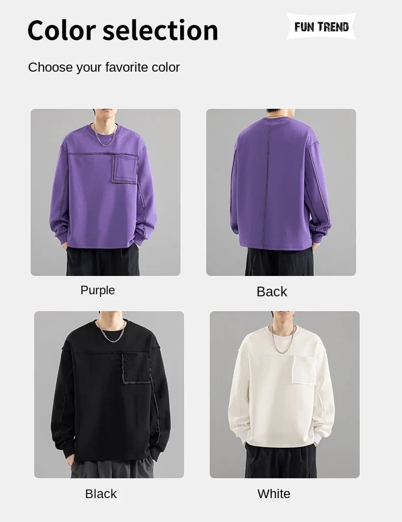 Sweatshirt Male Street Wear  Clothes American Casual Decorative Stitch Round Neck Long Sleeve Unisex Couple Autumn Fashion Top
