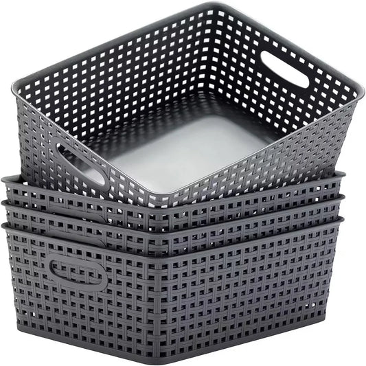 4 Pack Plastic Storage Box Hollowed Out Side Woven Simple Storage Organizer Basket, Home Goods Kitchen Sundry Boxes