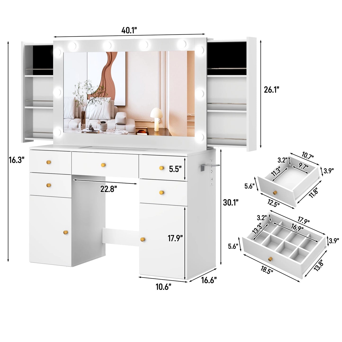 Large Vanity Desk with Lighted Mirror, Glass Top Makeup Vanity Table Set with 5 Drawers & 2 Cabinets & Stool, Power Outlet