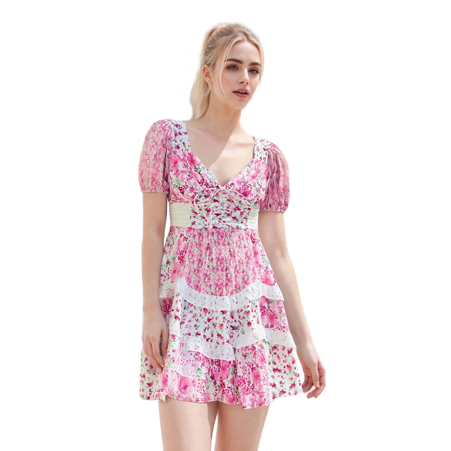 Elegant Floral Print Mini Dress with Chic Tie Bow Detail Delicate Lace Trim Flattering V Neckline and Short Sleeves Perfect