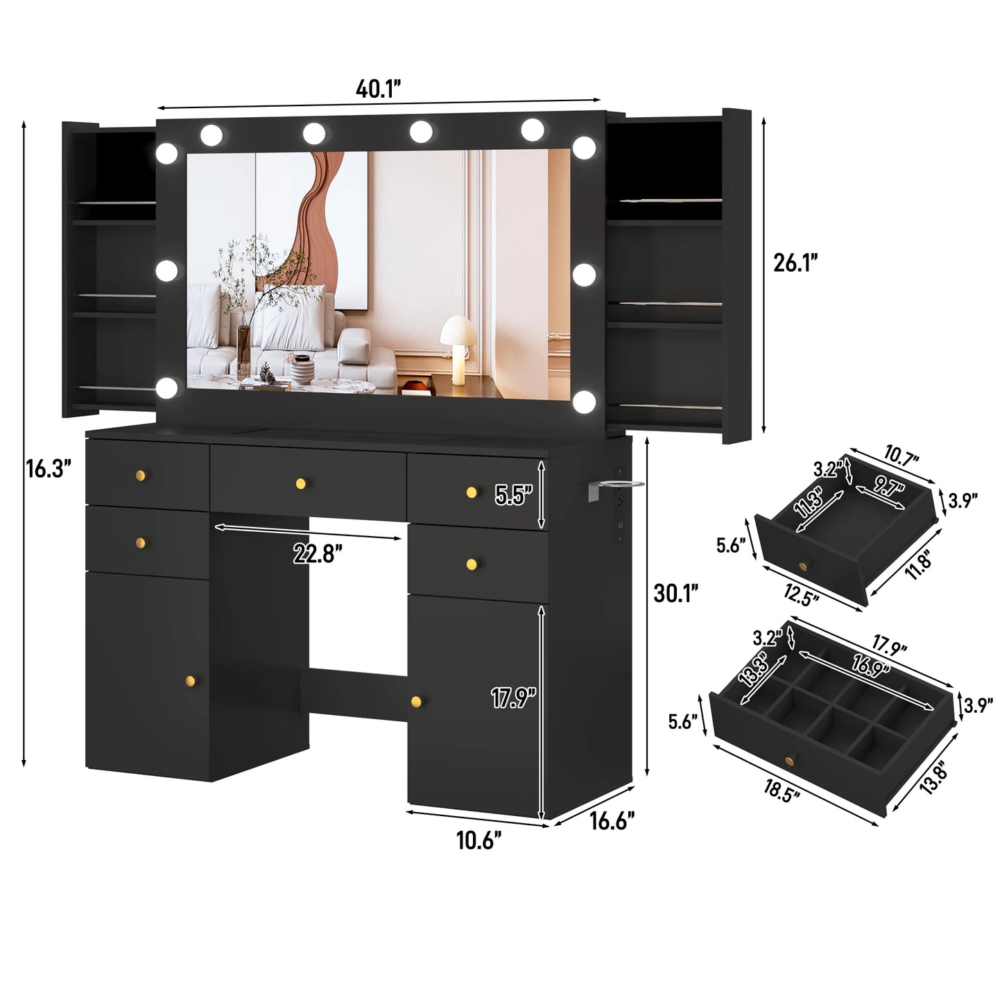 Large Vanity Desk with Lighted Mirror, Glass Top Makeup Vanity Table Set with 5 Drawers & 2 Cabinets & Stool, Power Outlet