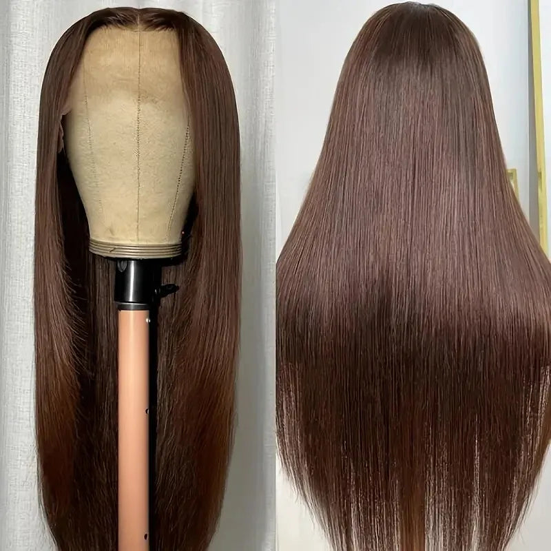 Chocolate Brown Colored Straight Lace Closure Wigs 4x4 Lace Closure Human Hair Wigs 200 Density Lace Wigs Baby Hair For Women