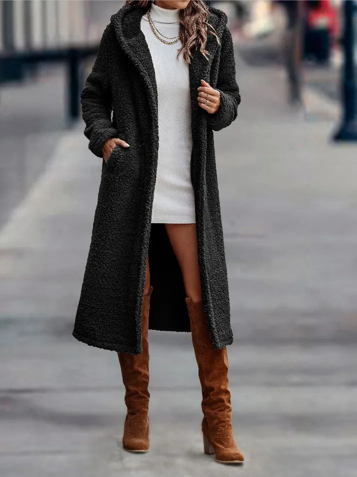 Hooded Coats Long Coat Women Work Turn Down Collar Warm Thick Work Trench Streetwear Elegant Jackets Open Stith Autumn Winter