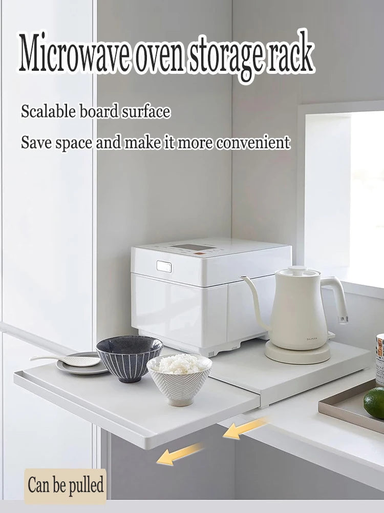Kitchen microwave storage rack, bottom pull-out tool, drawer style basket, oven bracket, sliding partition, pot and bowl rack