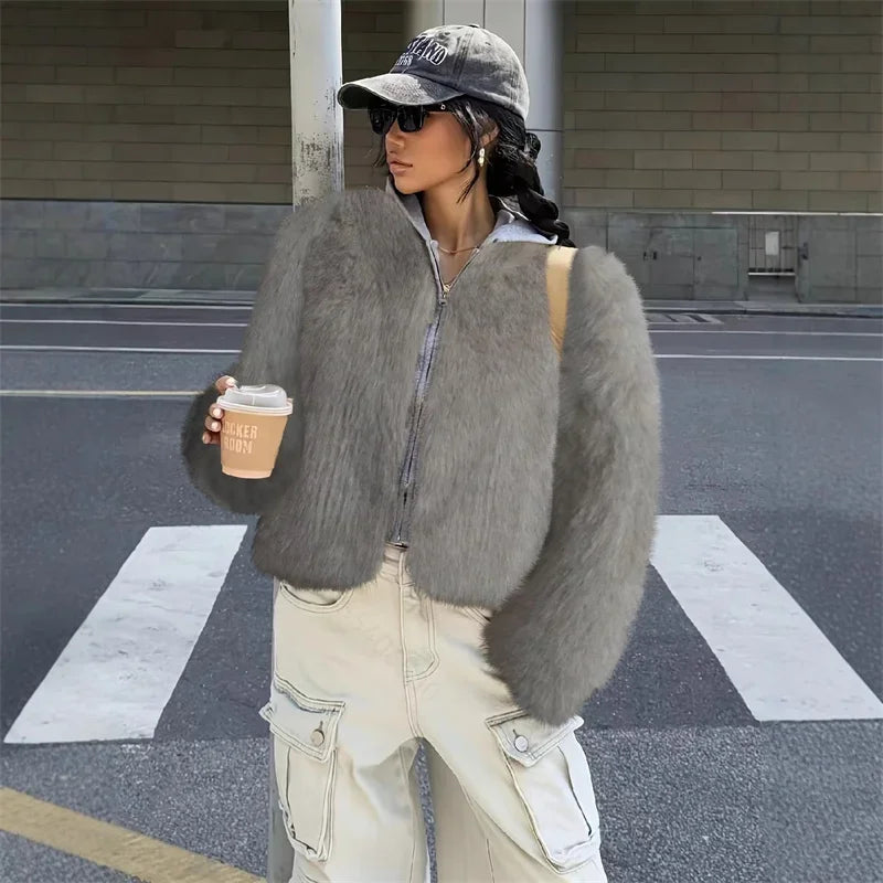 Fashion Faux Fur Coat For Women Warm Round Neck Long Sleeve Furry Short Coats 2025 Autumn Winter New Lady Streetwear Cardigans