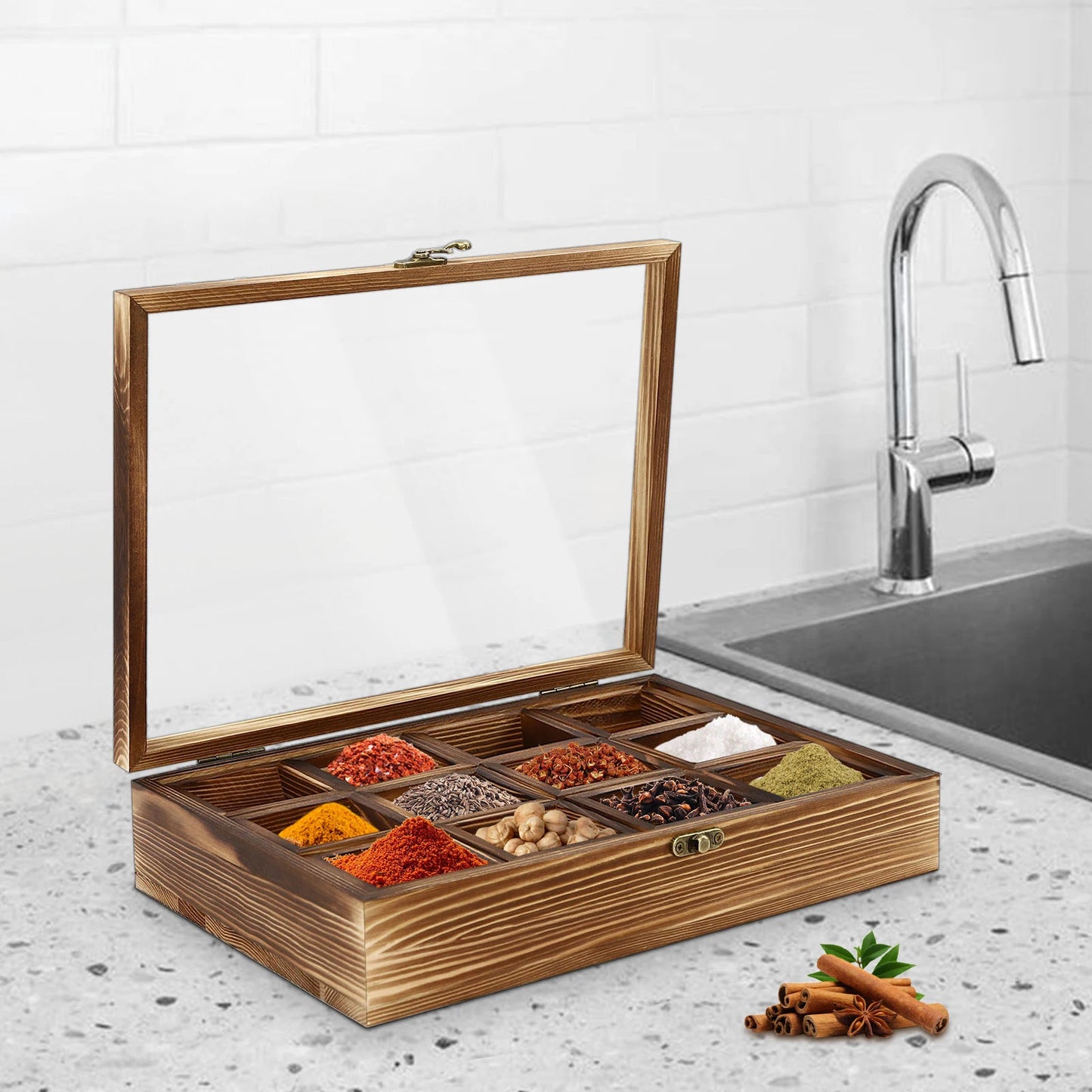 Retro Style Wooden Spice Box Wooden Spice Box with 12 Containers Storage Cans Spice Fit Box