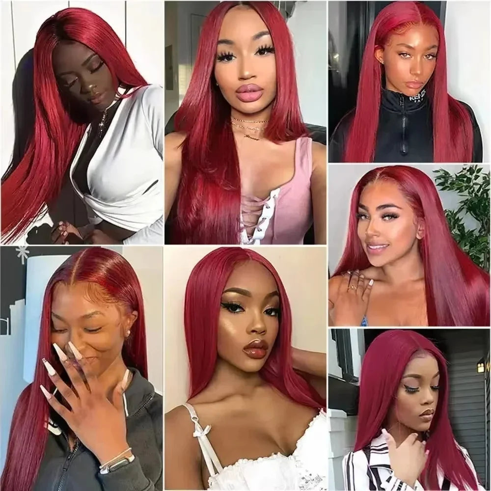 Straight Burgundy 99j Color Wig 180 Density Transparent Lace Frontal Human Hair Wig 13x6 Lace Frontal Human Wigs For Women