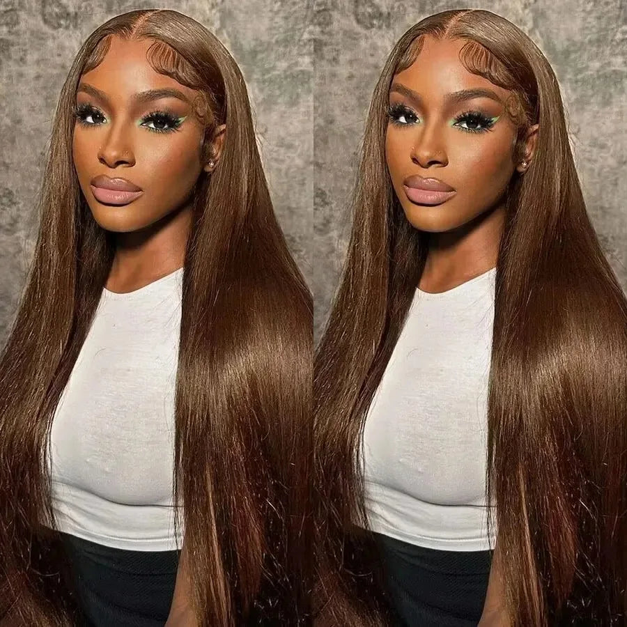 Chocolate Brown Colored Straight Lace Closure Wigs 4x4 Lace Closure Human Hair Wigs 200 Density Lace Wigs Baby Hair For Women