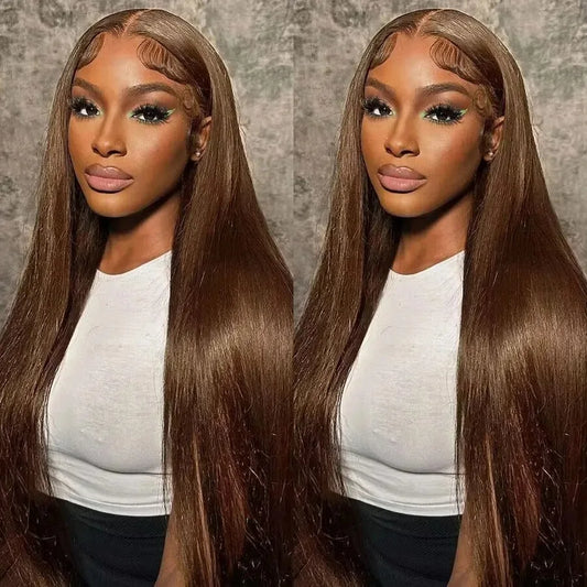 Chocolate Brown Colored Straight Lace Closure Wigs 4x4 Lace Closure Human Hair Wigs 200 Density Lace Wigs Baby Hair For Women