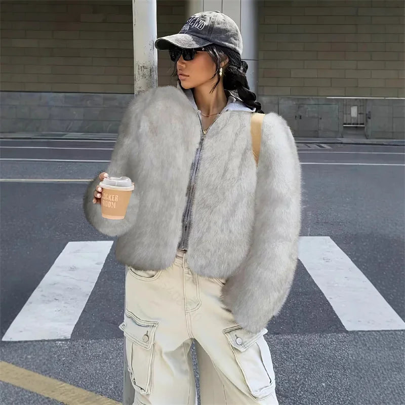 Fashion Faux Fur Coat For Women Warm Round Neck Long Sleeve Furry Short Coats 2025 Autumn Winter New Lady Streetwear Cardigans