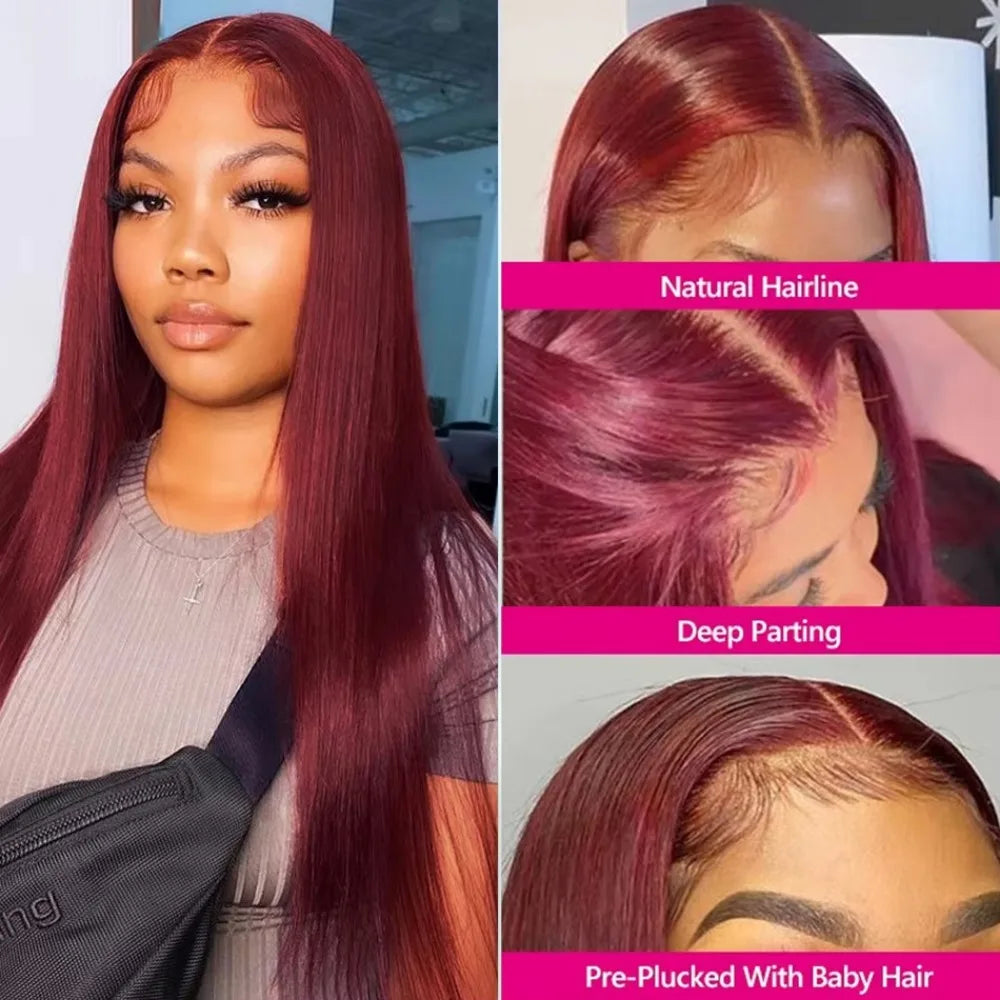 Straight Burgundy 99j Color Wig 180 Density Transparent Lace Frontal Human Hair Wig 13x6 Lace Frontal Human Wigs For Women