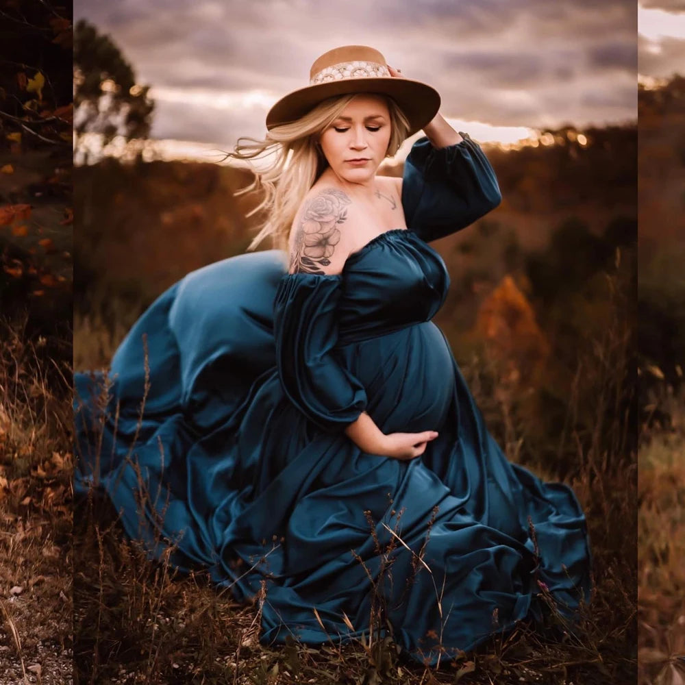 Maternity Gown Dress For Pregnancy Photo Shoot Props Gown for Baby Shower Gift Elegant Off Shoulder Side Split Satin Dress