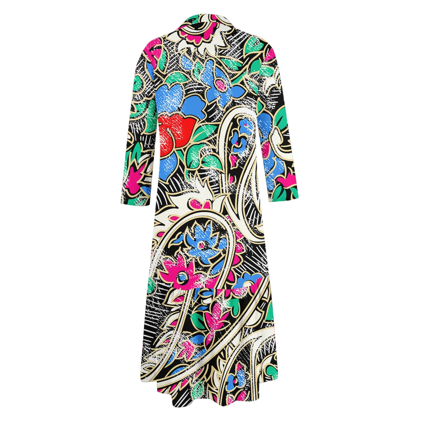 Ladies' Fashionable Temperament Autumn And Winter Button Lapel Long Sleeved Retro Printed Spring And Autumn Dress