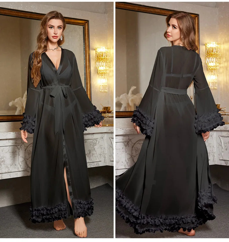 Bride Bridesmaid Wedding Robe Dress Long Bathrobe Sexy White Lace Perspective Sleepwear Home Clothes Loose Nightgown Loungewear