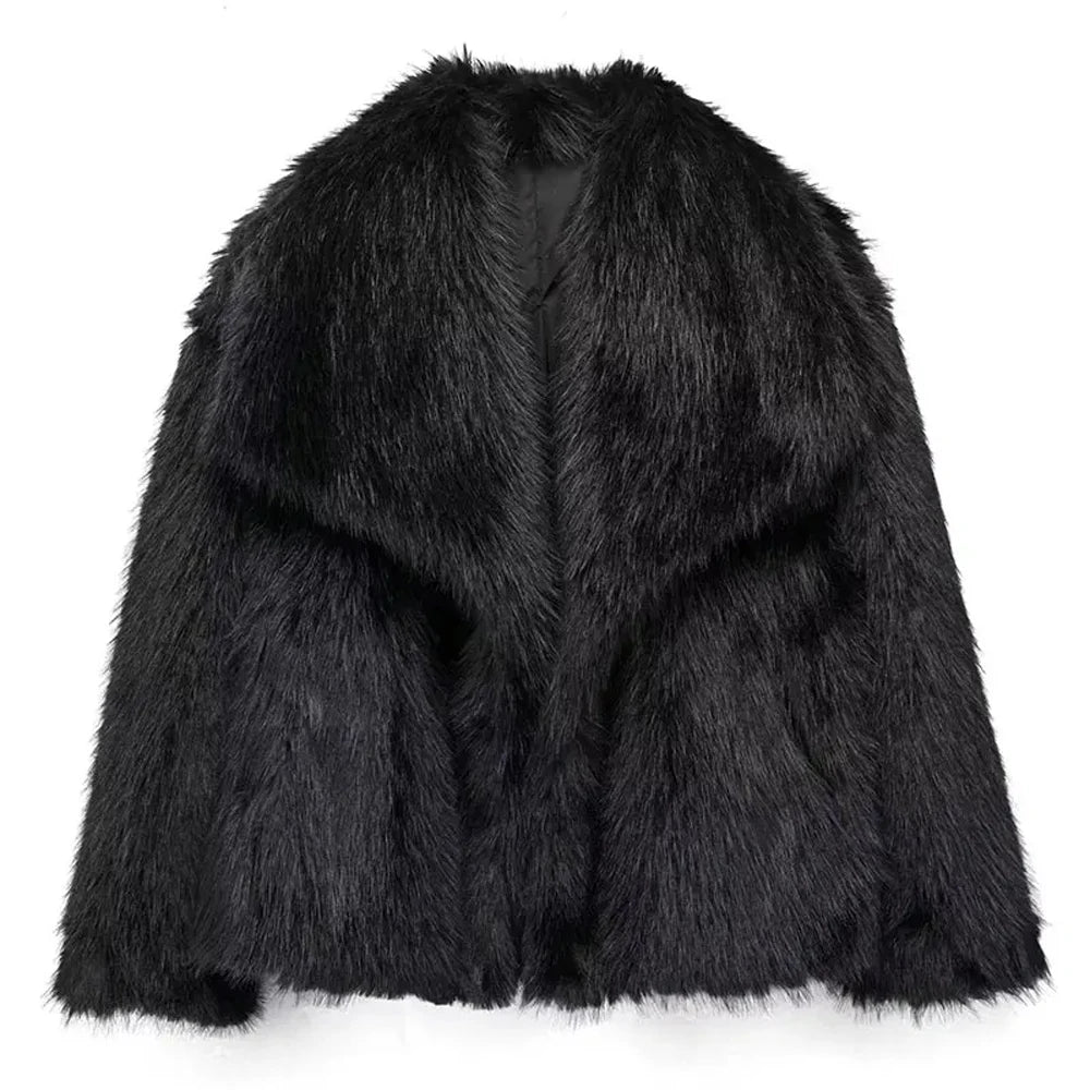 HH Winter Women Elegant Warm Plush Coat Turn-Down Collar Thick Cardigan Coat Female Pocket Long Sleeve Short Outerwear Mujer