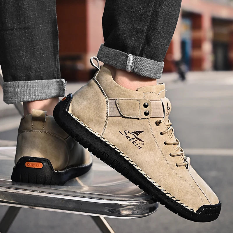 New 2025 Handmade Leather Casual Men Shoes Design Sneakers Man Breathable Leather Shoes Men Ankle Boots Outdoor