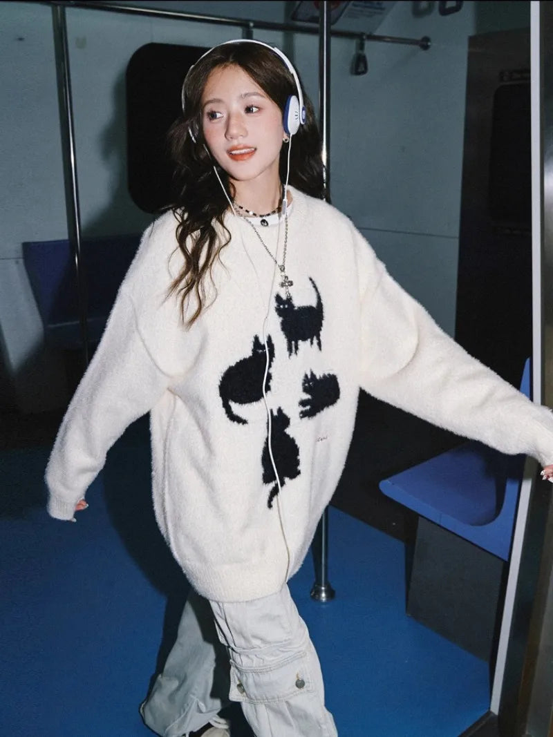 Pullovers Women Cartoon Trendy All-match O-neck Lazy Style Autumn Winter Imitation Mink-fleece Knitted Cozy Chic Ins Sweaters