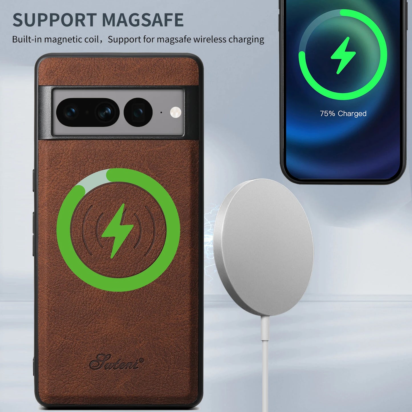 SUTENI Luxury PU Leather Phone Case Magnet Wireless Charging Frosted Feel For Google Pixel 9XL 8Pro 7A 7P 7 6A 6P 6