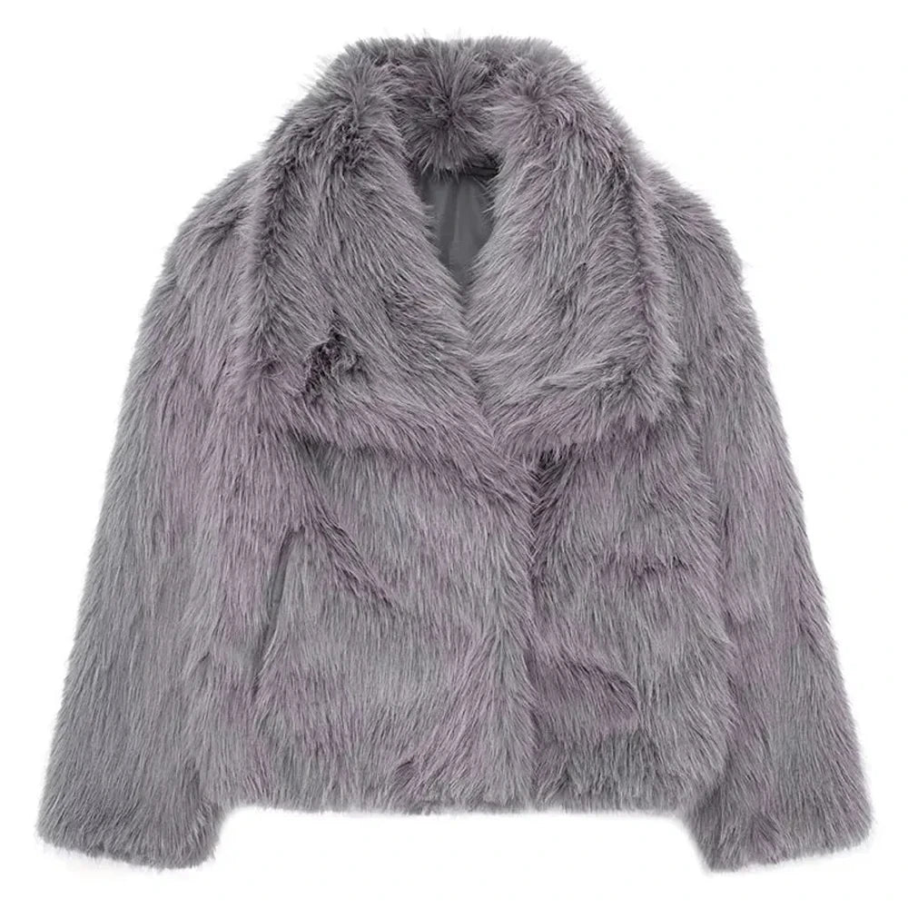 HH Winter Women Elegant Warm Plush Coat Turn-Down Collar Thick Cardigan Coat Female Pocket Long Sleeve Short Outerwear Mujer
