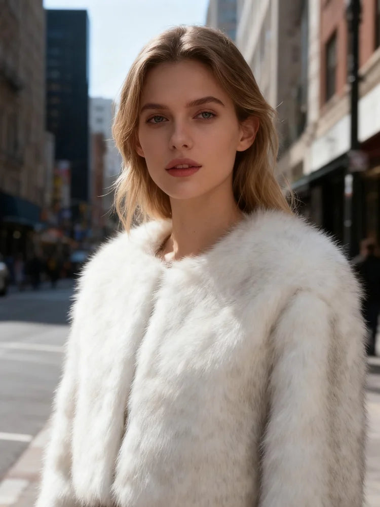 Fashion Faux Fur Coat For Women Warm Round Neck Long Sleeve Furry Short Coats 2025 Autumn Winter New Lady Streetwear Cardigans