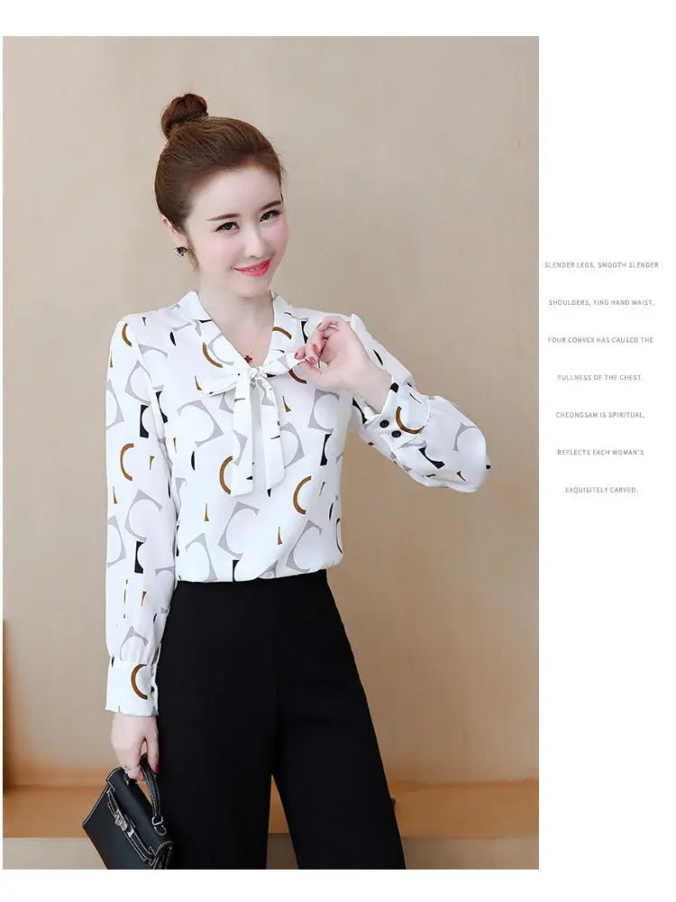 Fashion Female Elegant Bow Tie  pink Blouses Chiffon Collar Casual Shirt Office Ladies Blouse Summer Blouses for Women