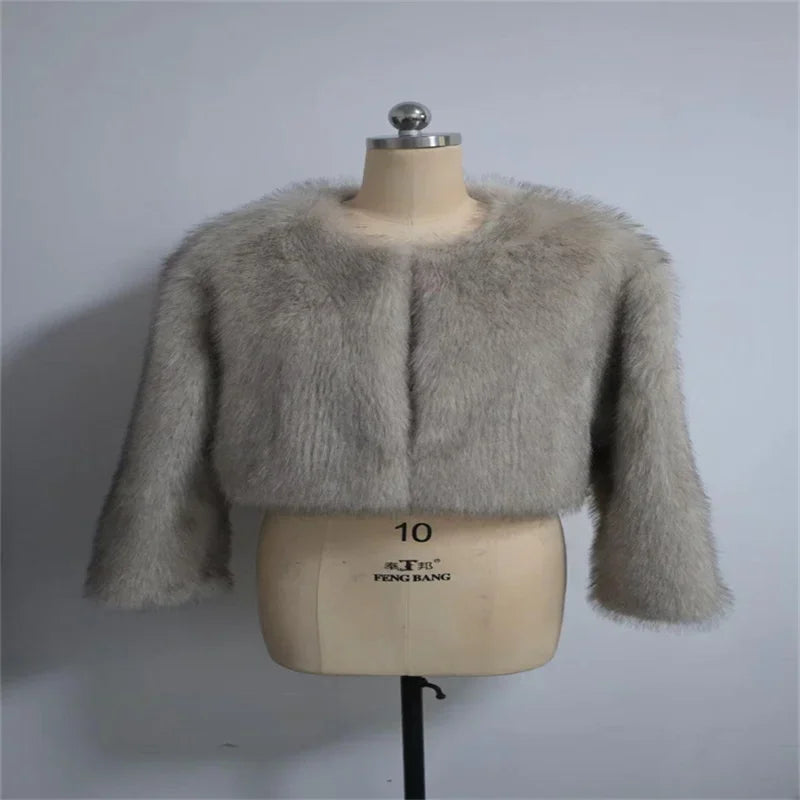 Fashion Faux Fur Coat For Women Warm Round Neck Long Sleeve Furry Short Coats 2025 Autumn Winter New Lady Streetwear Cardigans