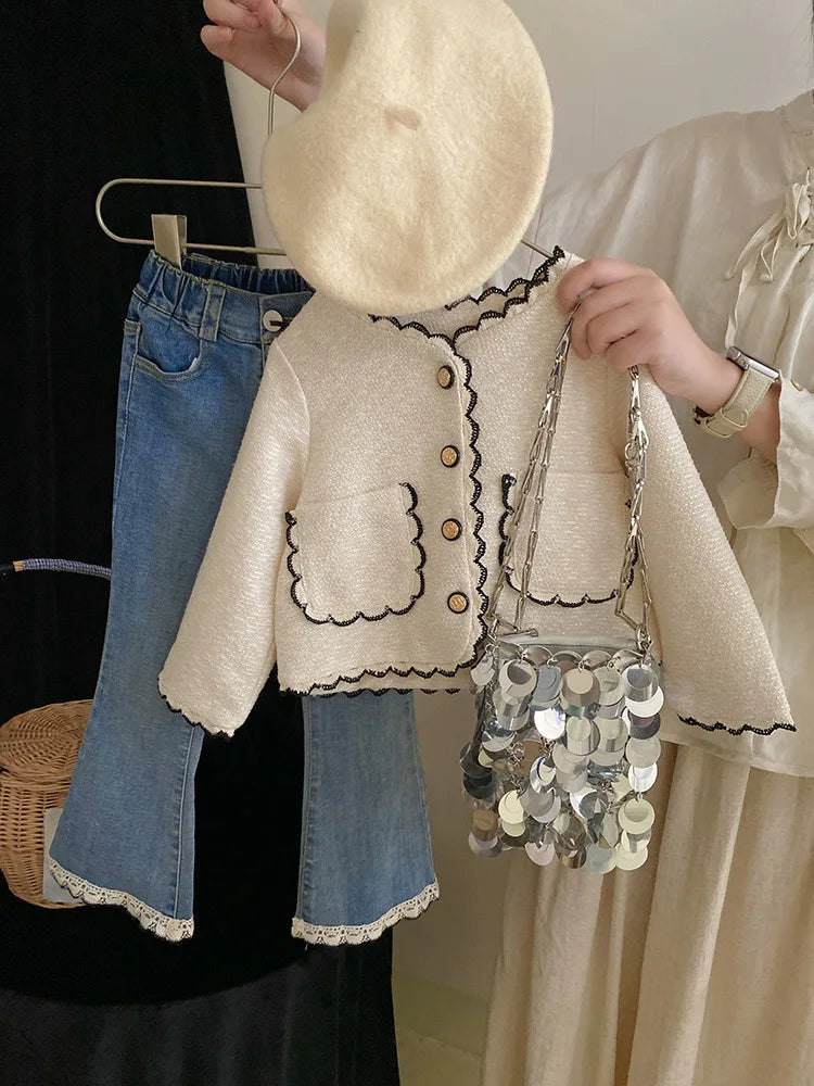 Coats Korean Childrens Clothing Autumn Season New Girls Open Stitch Lace Flower Edge Soild Sweet Versatile Style